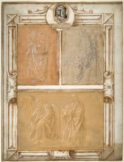 Studier av draperte figurer (sølvspiss forhøyet med hvit kroppsfarge på forberedt papir) av Filippino (follower of) Lippi