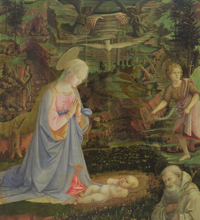Tilbedelse av barnet med spedbarnet St John og St Romuald (tempera på panel) av Filippino Lippi
