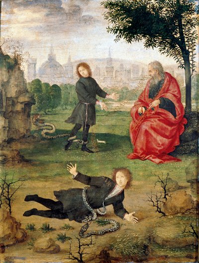 Allegori om Medicis-familien med inskripsjon i midten "" Intet sår er verre enn en fiende i familien "" Maleri av filippinske Lippi (1457-1504) 1494-1495 ca. Sol. 30x23 cm Florence Galleria degli Uffizi (Kontorer) - Allegori om Medici-familien av Filippino Lippi