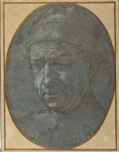 Hodet til en eldre mann som har på seg en caps (metallspiss på blågrått forberedt papir) av Filippino Lippi