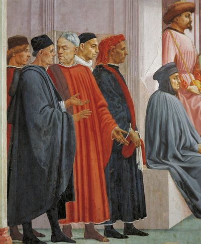 Menn i middelalderdrakt, detalj fra The Raising of the Son of Theophilus, av Tommaso Masaccio, fresco av Filippino Lippi