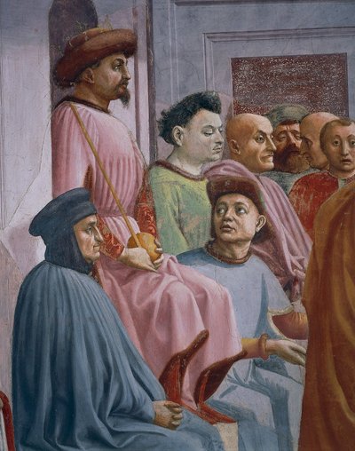 Miracle of Theophilus, detalj fra The Raising of the Son of Theophilus, av Tommaso Masaccio, fresco av Filippino Lippi