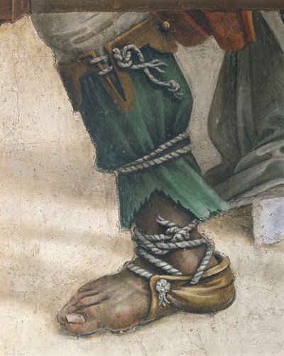 Saint John Evangelist Resuscitating Drusiana av Filippino Lippi, detalj av fottøy, fresco av Filippino Lippi