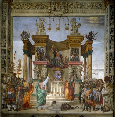 Den hellige Philip utdriver dragen fra freskomaleriet i Hierapolis av filippinske Lippi (1457-1504) 1487-1502 Strozzi-kapellet, Santa Maria Novella, Firenze - St. Philip driver dragen fra Hierapolis-tempelet, av filippinske Lippi (1457-1504) ) .... Fersk av Filippino Lippi