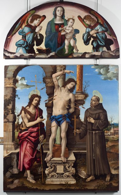 Saint Sebastian omgitt av Saint John the Baptist og Saint Francois of Assisi Central panel. Up jomfru har barn. Maleri på tre av Filippo Lippi (1451-1504) Dim. 298x185 cm Musei di Strada Nuova (ex Palazzo Bianco), gener av Filippino Lippi