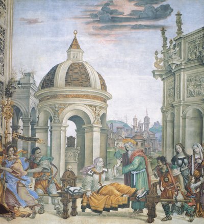 St. John the Evangelist Resuscitating Drusiana, detalj av historiene til St. John the Evangelist, av Filippino Lippi (1457-ca. 1504), freskomaleri, Basilica of Santa Maria Novella, Strozzi Chapel, Firenze av Filippino Lippi