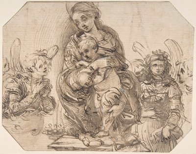 Jomfru og barn deltatt av engler, 145758-1504. av Filippino Lippi.