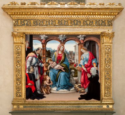 Jomfru med barn og døperen Johannes, den hellige Martin og den hellige Katarina av Alexandria. Nerli altertavle (tempera på panel av Filippino Lippi