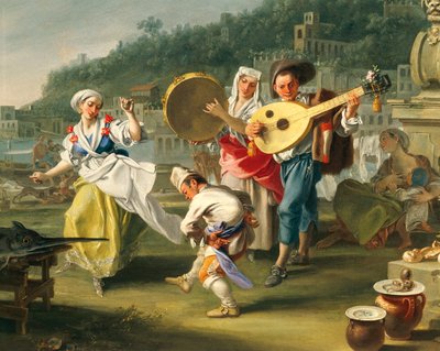 Tarantella in Mergellina, ca 1750, av Filippo Falciatore (aktiv 1737-1768), olje på lerret, 76,2x102 cm, Detalj, Italia av Filippo Falciatore