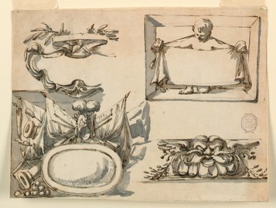 Tegning, et våpenskjold, et trofé, en etikett, et dekorativt motiv for en frise, 1750–75 av Filippo Marchionni