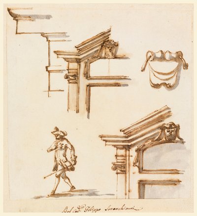 Tegning, arkitektoniske detaljer og figurstudie, 1760–75 av Filippo Marchionni