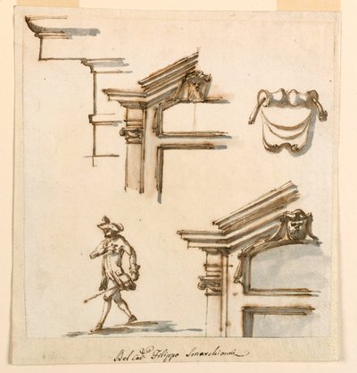 Tegning, arkitektoniske detaljer og figurstudie, 1760–75 av Filippo Marchionni