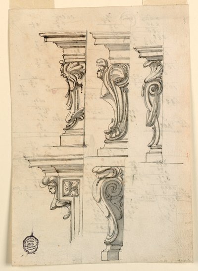 Tegning, Fem hjørnemotiver, ca. 1750 av Filippo Marchionni