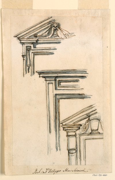 Tegning, tre vindus- eller dørkarmer, ca. 1770 av Filippo Marchionni