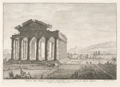 Utsikt over Peripteral Hexastyle Temple fra sør, fra Antichit? av Pesto (Antiquities of Paestum) av Filippo Morghen