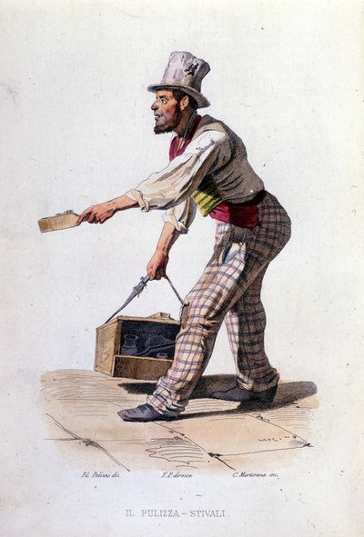 Småbedrifter i byen Napoli: skopusseren. Gravering etter et maleri av F. Palizza. Fra et verk av Francesco de Bourcard "" Costumi del regno di Napoli"" av Filippo Palizzi