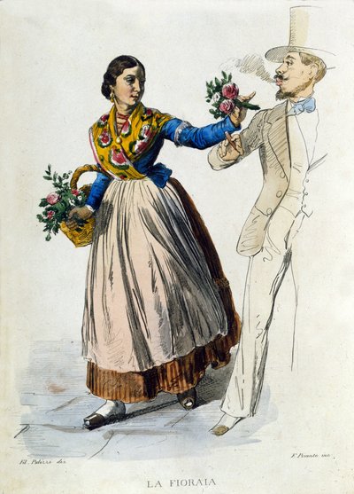 Liten bedrift i byen Napoli: ung blomsterhandler som pleier en bukett til en elegant mann. Gravering etter et maleri av F. Palizza. Fra et verk av Francesco de Bourcard "" Costumi del regno di Napoli"" av Filippo Palizzi