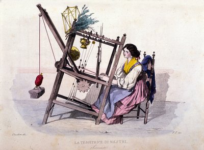 Liten bedrift i kongeriket Napoli: ung kvinne fra Sorrento som vever bånd. Gravering etter et maleri av F. Palizza. Fra et verk av Francesco de Bourcard "" Costumi del regno di Napoli"" av Filippo Palizzi