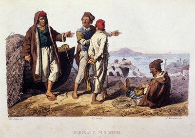 Liten metier av kongeriket Napoli: sjømenn og fiskere. Gravering etter et maleri av F. Palizza. Fra et verk av Francesco de Bourcard "" Costumi del regno di Napoli"" av Filippo Palizzi