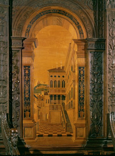 Gate og hus, trompe l#39;oeil av Filippo da Verona