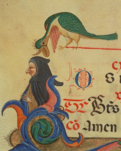 Missal 515 42r En fantastisk fugl plassert over en kappefigur, detalj av dekorert initial R og kant fra en korbok utført før 1449 vellumdetalj av 56727 av Filippo di Matteo Torelli