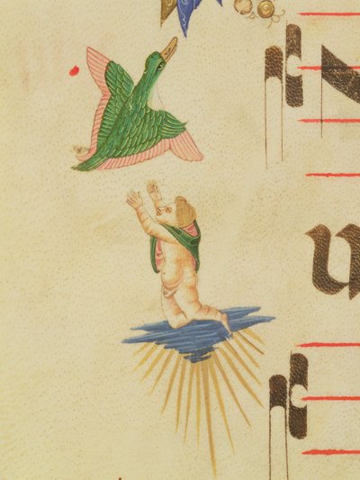 Missal 515 f.13v En kjerub med kappe som prøver å fange en flygende fugl, fra en dekorativ kant, detalj fra en korbok utført før 1449 vellumdetalj av 56721 av Filippo di Matteo Torelli