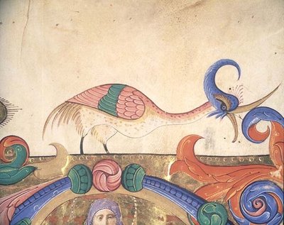 Missal 515 f.169r Fantastisk fugl, detalj av dekorasjonen rundt en historisk initial fra en korbok utført før 1449 (vellum) (detalj av 56720) av Filippo di Matteo Torelli