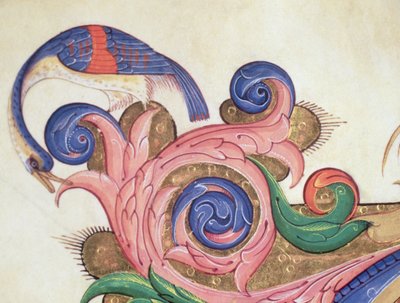 Missal 515 f.169r Fantastisk fugl som titter rundt bladverket, dekorasjonsdetalj rundt en historisk initial fra en korbok utført før 1449 vellumdetalj av 56720 av Filippo di Matteo Torelli