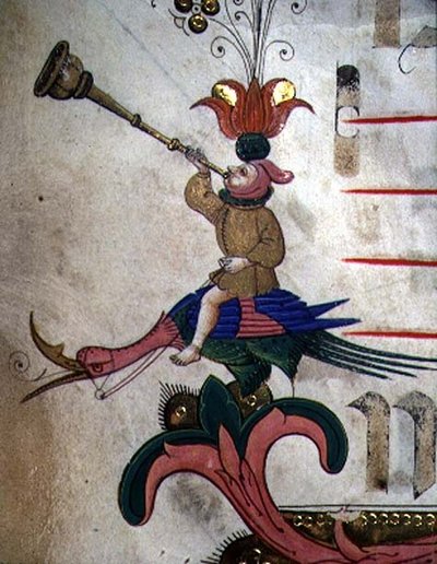 Missal 515 f.9r Figur som blåser i et horn, montert på en selet fugl, detalj av dekorativ kant fra en korbok utført før 1449 (detalj av 88907) av Filippo di Matteo Torelli