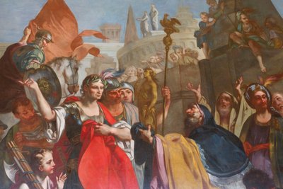 Caesar under murene i Alexandria, av Felice Manassero, billedvev tegneserie, forrom, østleilighet, jaktresidens, av Filippo Juvarra (1678-1736), Stupinigi, Piemonte, Italia av Filippo or Juvara Juvarra