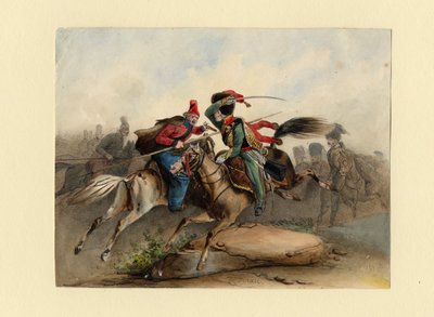 Franske hestejagere fra den keiserlige garde i kamp med de russiske kosakkene, ca. 1830 av Finert