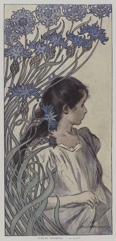 Fleurs Animees. Le Bluet. (Animerte blomster: Kornblomsten) (farge litho) av Firmin (after) Bouisset