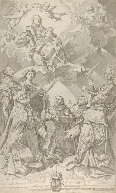 Skytshelgener for Bologna ser oppover på Jomfruen som sitter i skyene med..., 1640-50. av Flaminio Torre