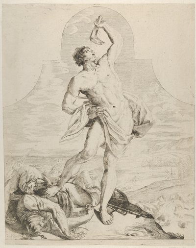 Samson holder kjevebenet til et esel over hodet og står ved siden av filiene..., ca. 1640-60. av Flaminio Torre