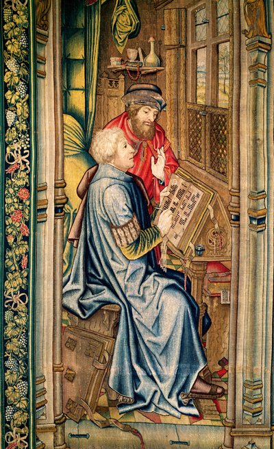 En skribent som skriver en beretning, detalj fra The Transportation of the Covenant Ark, fra Davids og Batsebas billedvev, ca. 1510-15 av Flemish School