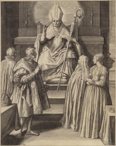 En skikkelse i bispeklær sitter tronet med en glorie som kommer fra hodet hans av Flemish School