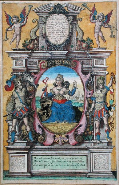Allegori om byen Antwerpen (fargegravering) av Flemish School