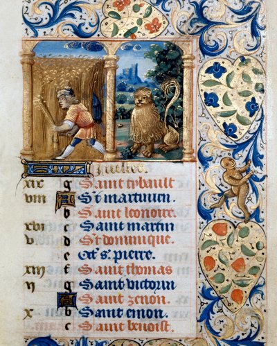 Kalender, juli måned, en bonde i en hveteåker og løvens tegn. Side hentet fra en timebok ms. 47, opplyst av den flamske skolen. Badia de 