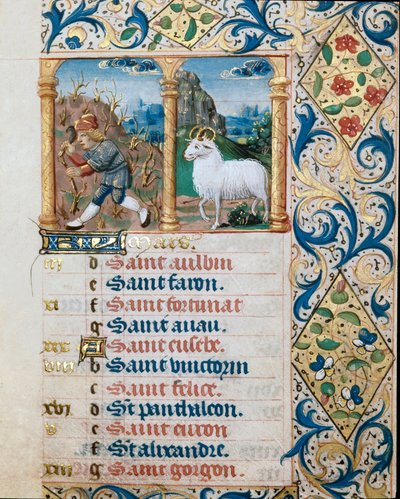 Kalender, mars måned, en sående bonde og belier. Side hentet fra en timebok ms. 47, opplyst av den flamske skolen. Badia di 