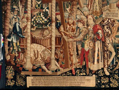 Katedralen (The Seo. Ca tedraal of the Savior of Zaragoza). Tapetmuseet. flamsk billedvev. Legenden om det hellige kors (Legenden om det hellige kors, om legenden om det hellige kors). Detalj. Ca. 1450. 430x1120cm. av Flemish School
