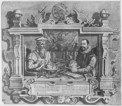 Dobbeltportrett av Gerard Mercator (1512-94) og Jodocus Hondius (1563-1612) gravert for inkludering i Mercator og Hondius-seriene av atlas, 1619 (se også 10457 og 30866 av Flemish School