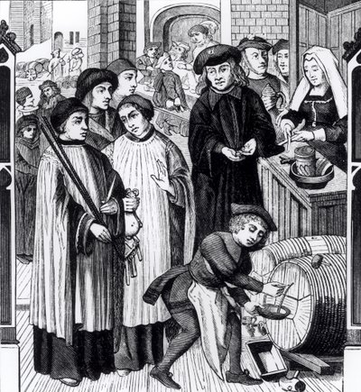 Dues on Wines, gitt til kapittelet i Tournai av kong Chilperic, etter et vindu i katedralen i Tournai av Flemish School
