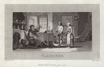 Flemings. Gravering av tjenere og mester. av Flemish School