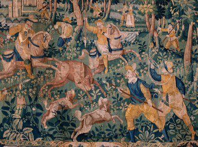 flamsk billedvev. Hjortejakt (Hunting a hjort). Atelier i Oudenaarde. 295x331 cm. Inv (82941)-1 / PRIVAT. 17. århundre. av Flemish School