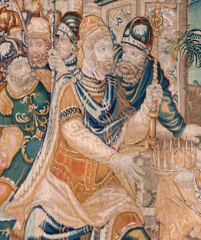 flamsk billedvev. Alexander blir tilbudt en krone (Alexander tilbys en krone). Atelier i Oudenaarde. 384x316 cm. Inv (83024)-5 / 00009. 1600-tallet. av Flemish School