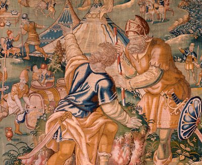 flamsk billedvev. Militærleir nær elven Granikos. Atelier i Oudenaarde. 377x393 cm. Inv 83104-9 /00011. 17. århundre. av Flemish School