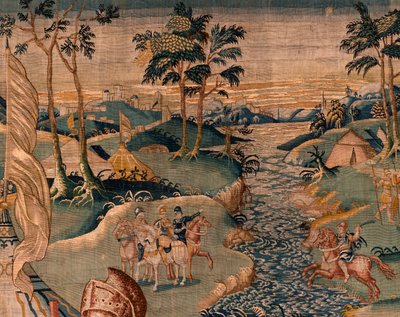 flamsk billedvev. Militærleir nær elven Granikos. Atelier i Oudenaarde. 377x393 cm. Inv 83104-9 /00011. 17. århundre. av Flemish School