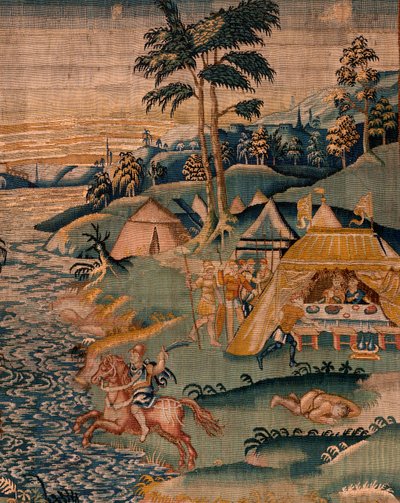 flamsk billedvev. Militærleir nær elven Granikos. Studio i Oudenaarde. 377x393 cm. Inv 83104-9 /00011. 17. århundre. av Flemish School