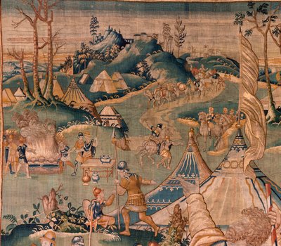 flamsk billedvev. Militærleir nær elven Granikos. Atelier i Oudenaarde. 377x393 cm. Inv 83104-9 /00011. 17. århundre. av Flemish School