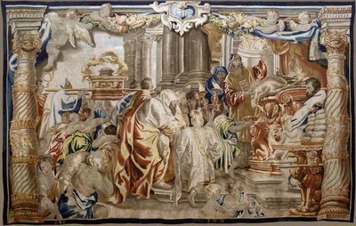flamsk billedvev. Serien eukaristiens apoteose. Offer av mosaisk lov (Sacrificio de la Ley Mosaica). Model Cartoon kopiert fra en original av Rubens. Brussel produksjon. Produsert av Frans van den Hecke. Midten av 1600-tallet. Stoff Silke og ull, av Flemish School